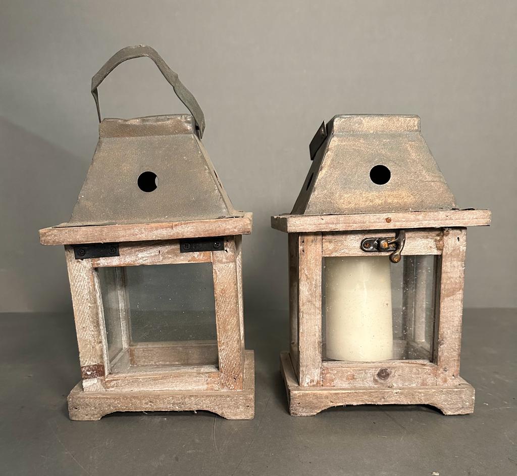 A pair of small wooden glass fronted lanterns AF