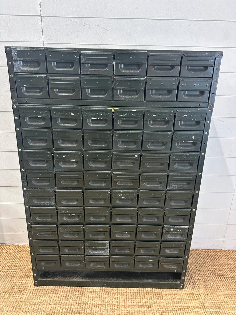 A vintage sixty six drawer engineers cabinet in green 90 x 30 height 130