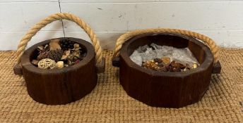 Two shallow wooden buckets with rope handles