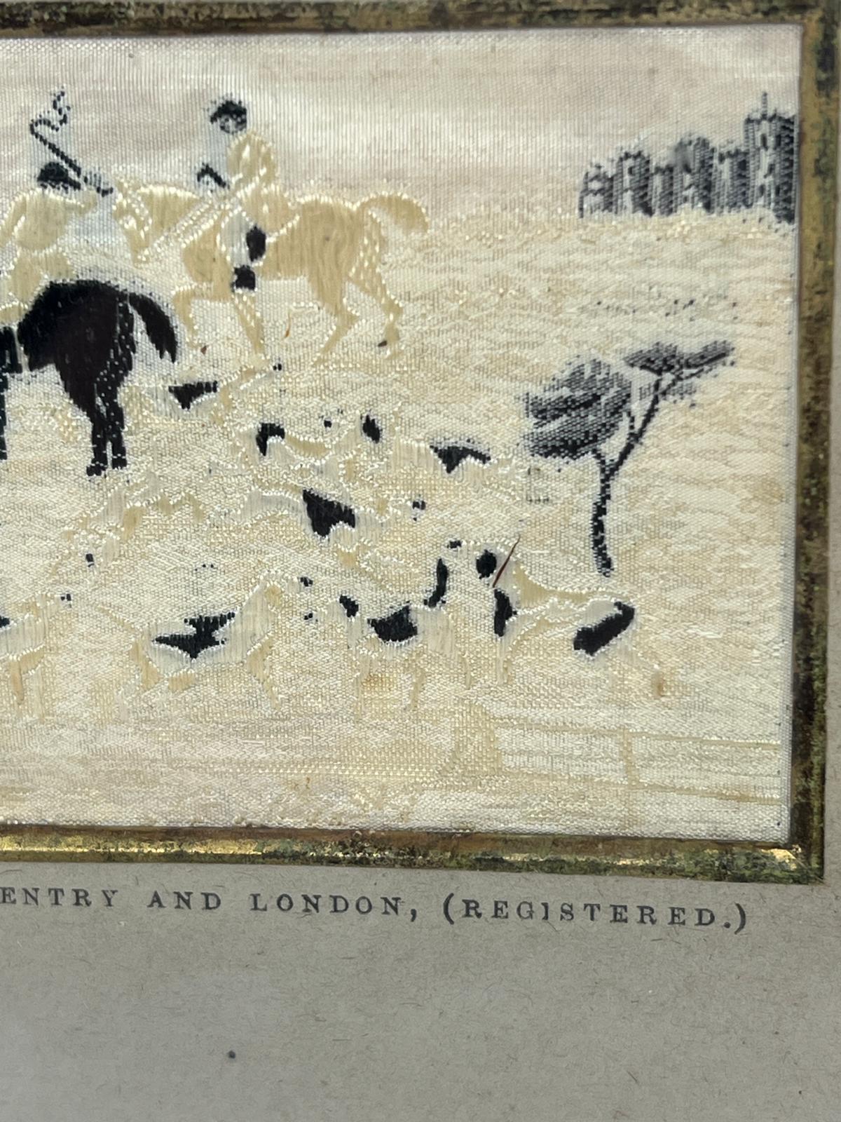 Three framed silks of Hunting scenes, The Meet, Full Cry and The Death (28cm x 20cm) - Image 4 of 9