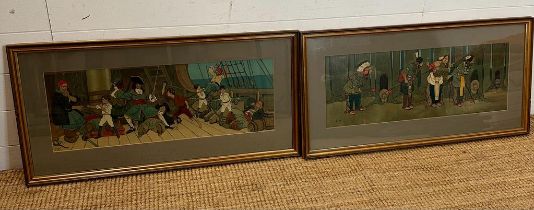 Two John Hassall prints "Peter Pan The Defect of The Pirates" and "The Approach of the Indians" 86cm