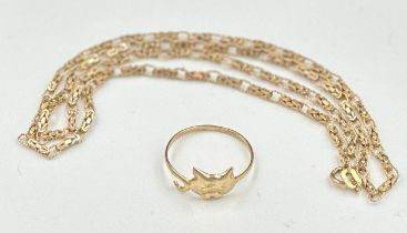 A 9ct gold necklace and a cat themed ring, approximate total weight 7g.