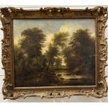 An oil on canvas of a riverside scene, possibly 19th century, unsigned in an ornate frame (59cm x