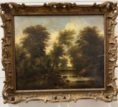 An oil on canvas of a riverside scene, possibly 19th century, unsigned in an ornate frame (59cm x