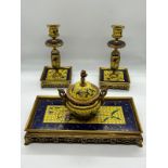 A French "Chinese" Famille Jaune gilt brass and champleve enamel desk set comprising of an ink
