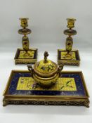 A French "Chinese" Famille Jaune gilt brass and champleve enamel desk set comprising of an ink