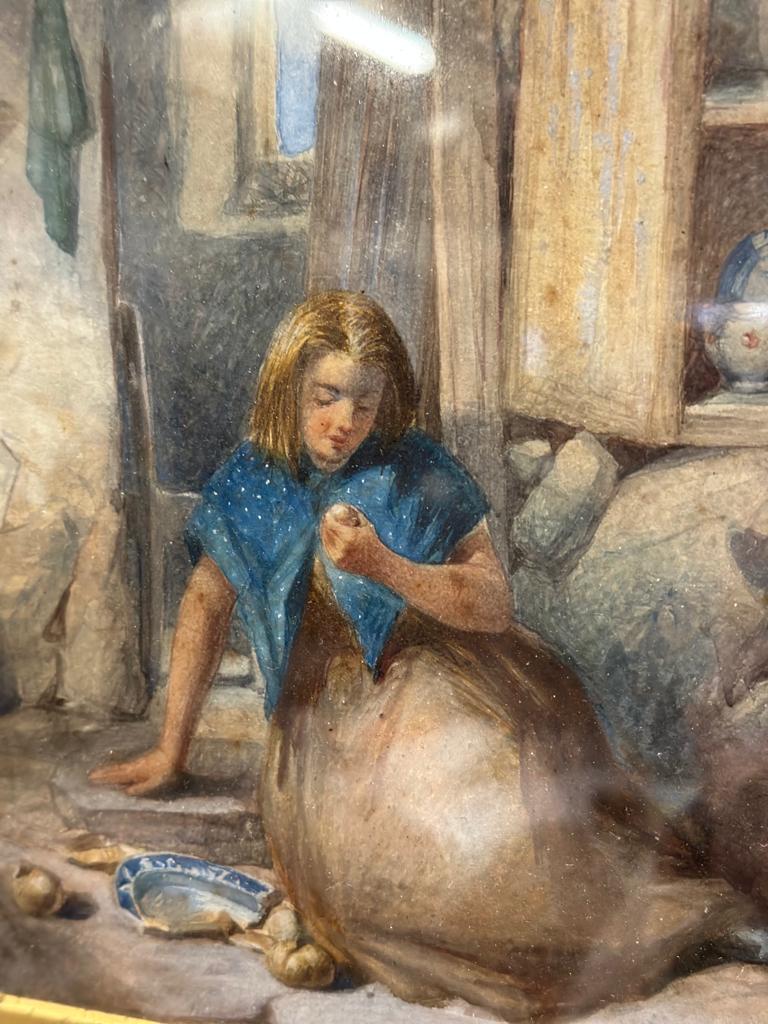 A water colour of a young lady kneeling on the floor of a kitchen, signed lower right W.Langley 49cm - Image 2 of 4