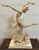 An Art Deco style resin table lamp of a dancing lady with white glass back plate