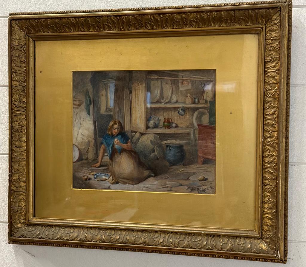 A water colour of a young lady kneeling on the floor of a kitchen, signed lower right W.Langley 49cm