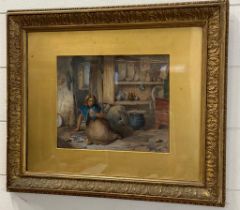 A water colour of a young lady kneeling on the floor of a kitchen, signed lower right W.Langley 49cm