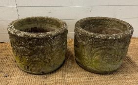 A pair of weathered concrete garden planters with birds and leaf detail (H30cm Dia40cm)