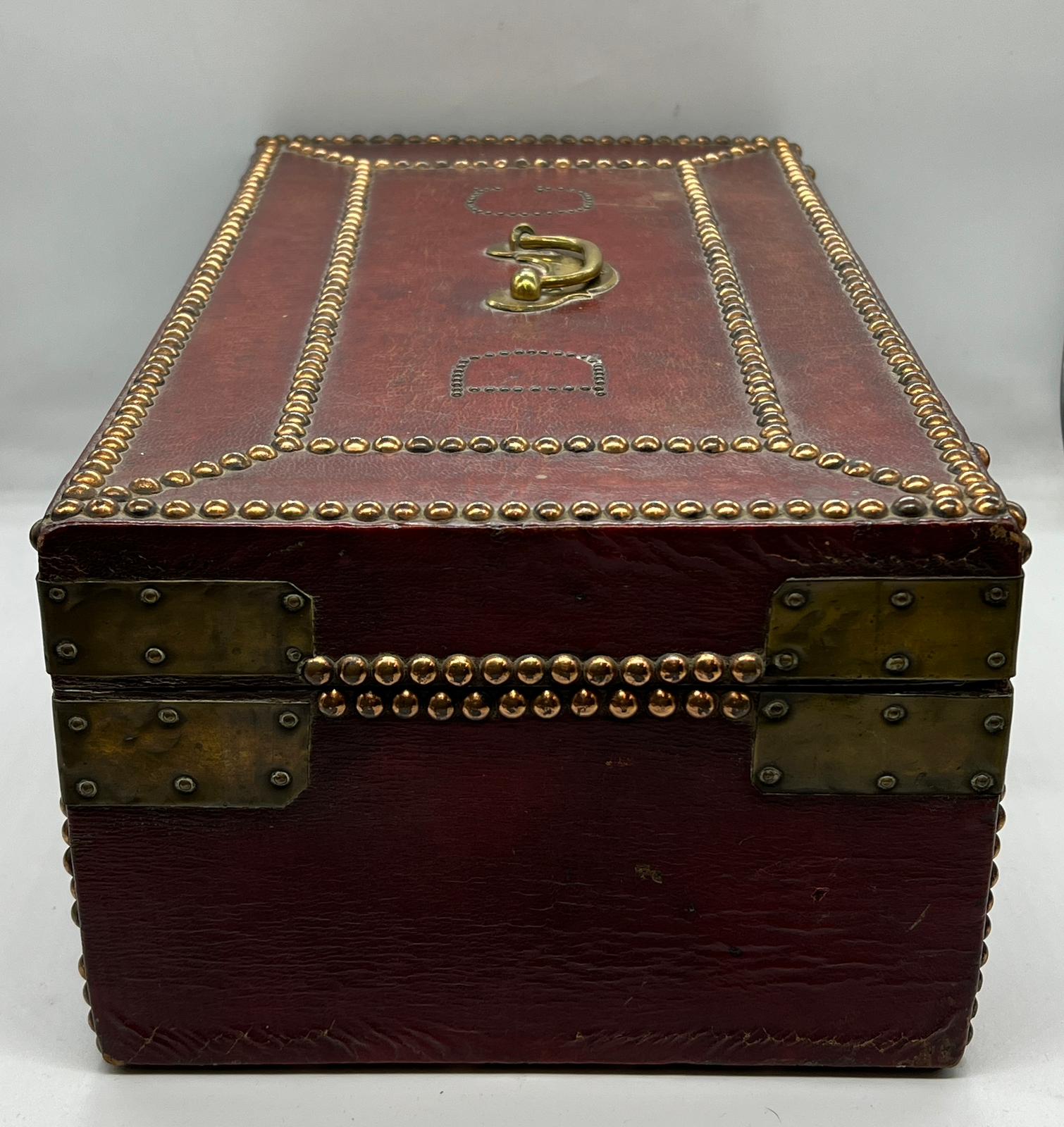 A red leather deed box decorated with studs brass plate corners. The initials DG are embedded with - Image 4 of 6