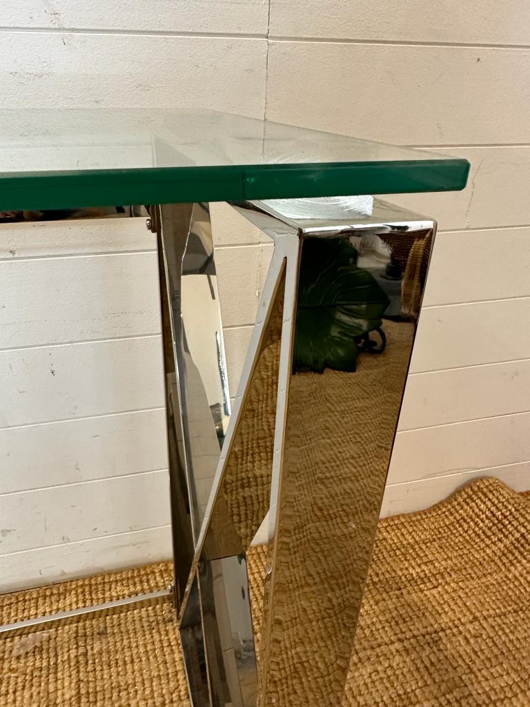 A contemporary chrome based console table with glass top Height 78 40x120 - Image 5 of 7