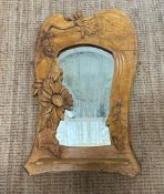 A pine bathroom mirror with a floral carved frame and shelf under 80cm x 48cm AF