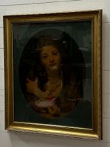 A portrait print of a young lady in an oval mount 56cm 47cm