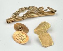 A selection of 9ct gold to include two odd cufflinks and a watch bracelet, approximate combined
