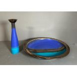 A vintage French two tone blue ceramic dish and vase