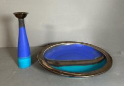 A vintage French two tone blue ceramic dish and vase