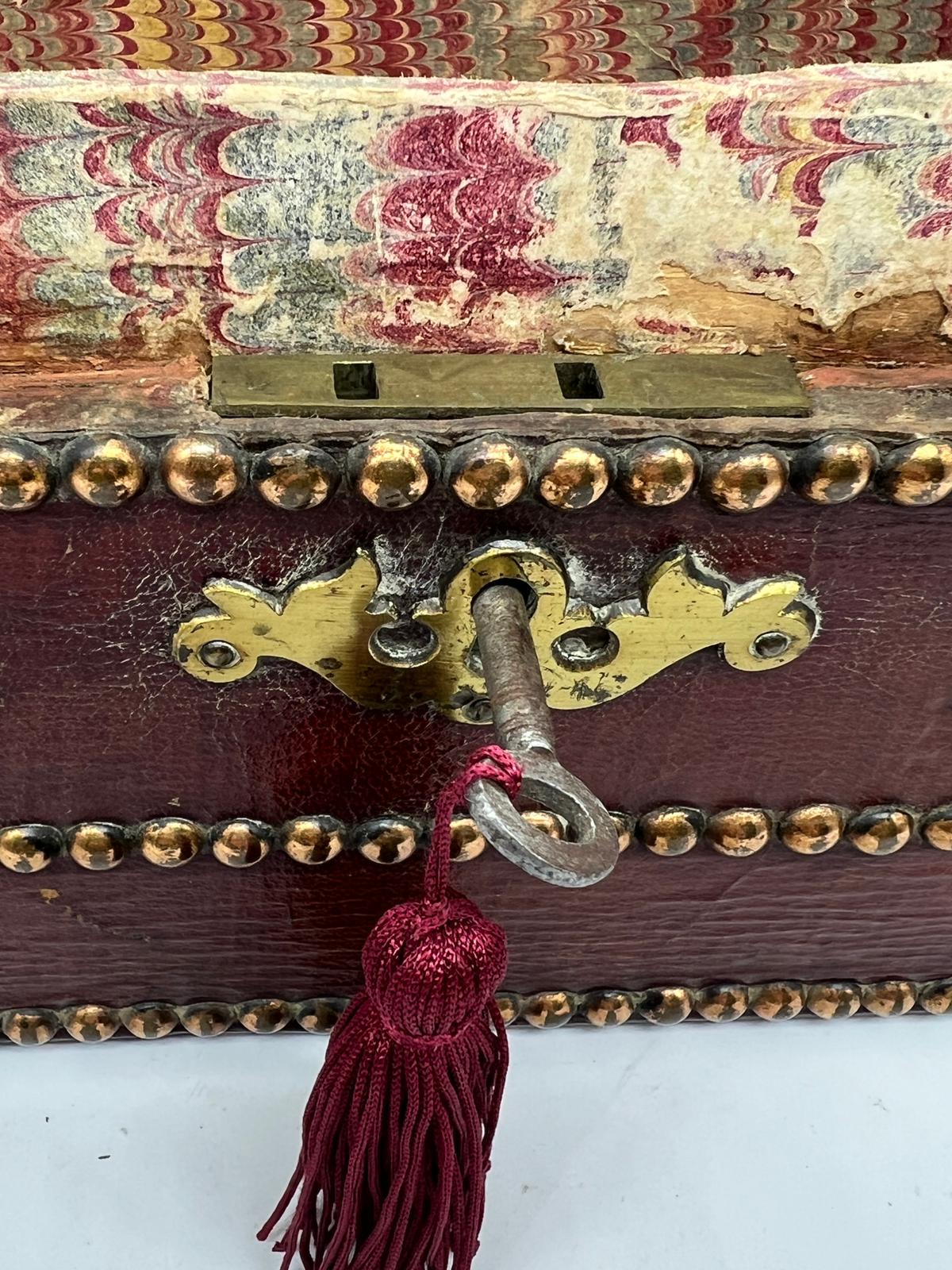 A red leather deed box decorated with studs brass plate corners. The initials DG are embedded with - Image 5 of 6