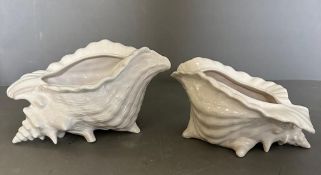 Two white ceramic Conch planters