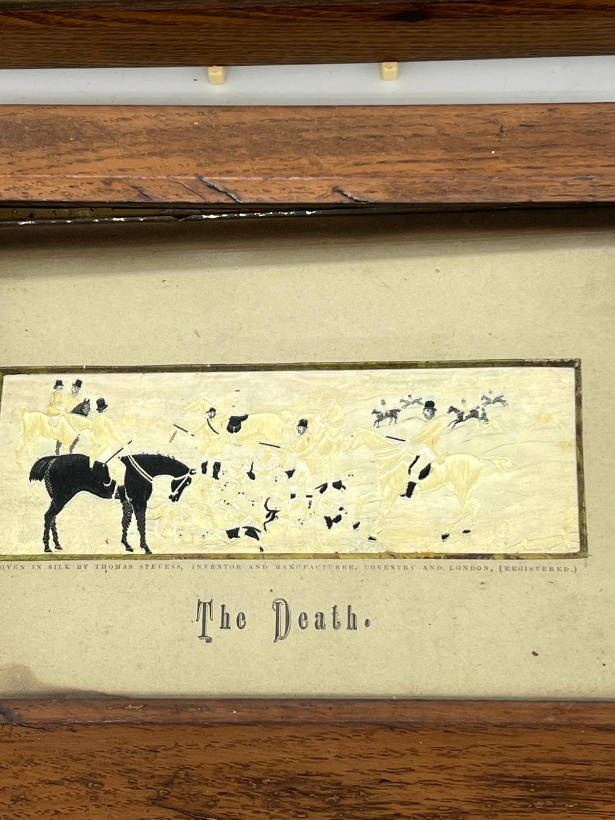 Three framed silks of Hunting scenes, The Meet, Full Cry and The Death (28cm x 20cm) - Image 5 of 9