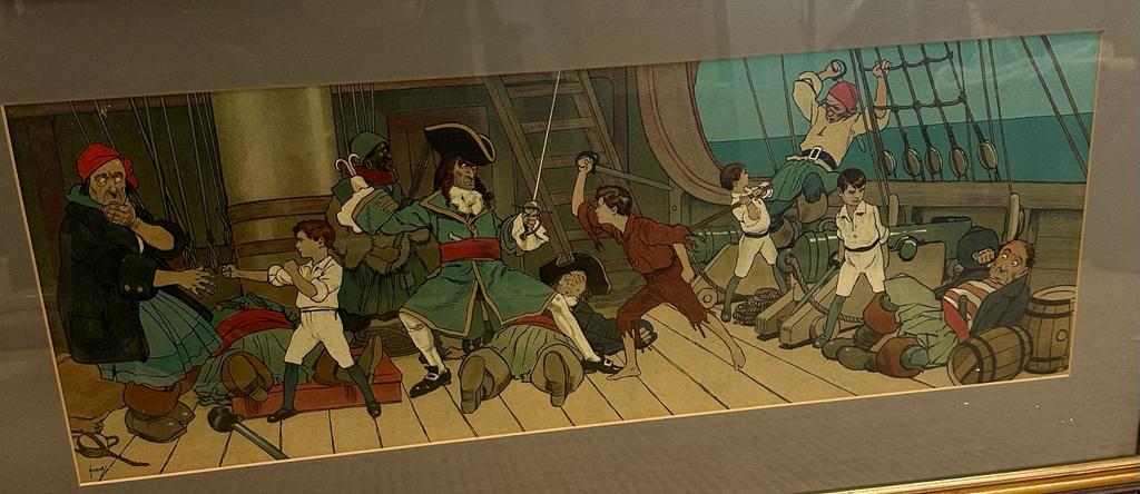 Two John Hassall prints "Peter Pan The Defect of The Pirates" and "The Approach of the Indians" 86cm - Image 4 of 4