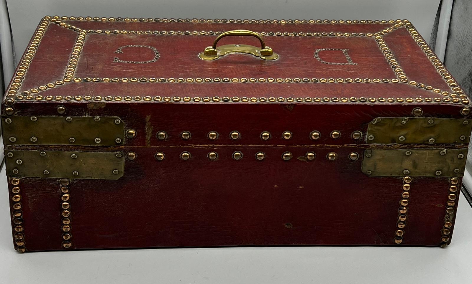 A red leather deed box decorated with studs brass plate corners. The initials DG are embedded with - Image 6 of 6