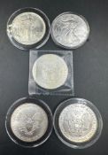 Five American 1oz Silver One Dollar coins