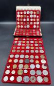A coin collectors box with four trays of worldwide coins, various denominations, years, conditions