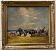 Manner of Eugene Boudin (French, 1824-1898) oil on board, Figures on a beach, 56.5cm x 50cm, in a