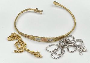 A selection of 9ct jewellery to include a bracelet, AF bracelet and a white gold necklace,