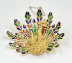 An 18ct gold, marked 750, and enamel peacock, approximate total weight 21g