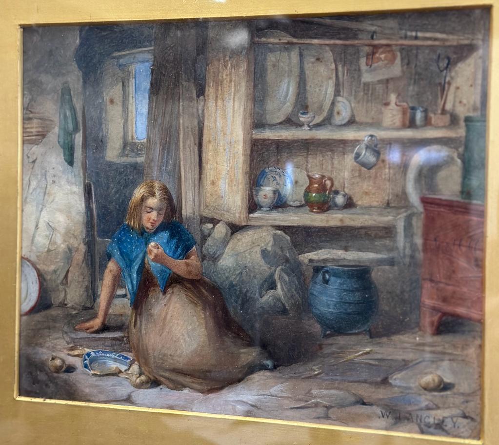 A water colour of a young lady kneeling on the floor of a kitchen, signed lower right W.Langley 49cm - Image 4 of 4