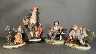 A selection of four Capodimonte figures to include Gentleman on benches, a man with a basket and a
