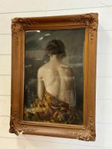 A framed print of a naked lady with a blanket around her waist 36cm x 53cm