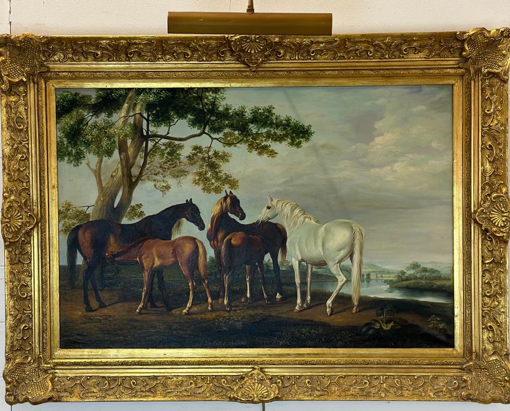 A oil on canvas in the manner of George Stubbs, signed in red bottom left depicting mares with foals - Image 4 of 8