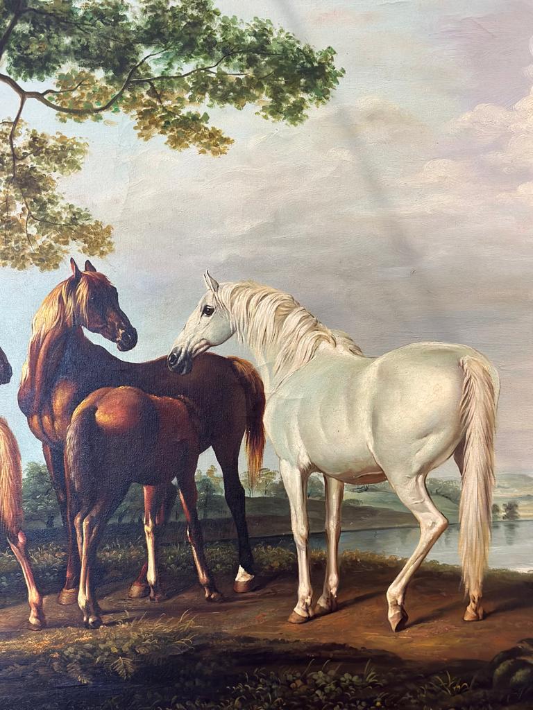 A oil on canvas in the manner of George Stubbs, signed in red bottom left depicting mares with foals - Image 5 of 8