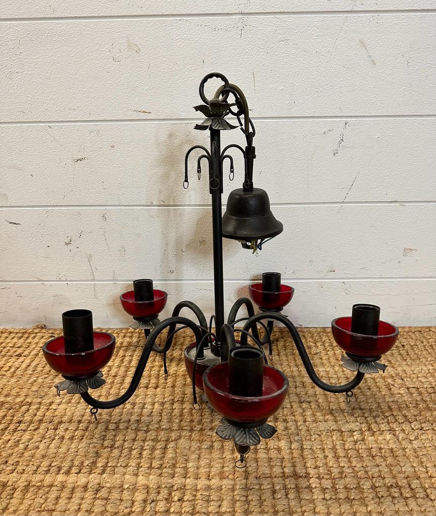 An Art Deco style five arm chandelier with cranberry glass inserts