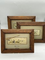 Three framed silks of Hunting scenes, The Meet, Full Cry and The Death (28cm x 20cm)