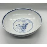 Blue and white shallow bowl with immortals on exterior (H6cm Dia22cm)