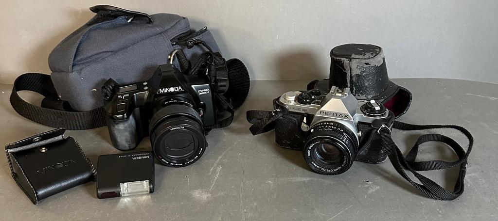 A Minolta Dynax 3000I camera with case and flash and a Pentax ME Super