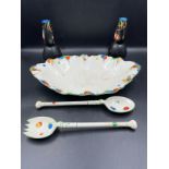 Crown Ducal porcelain dish and serving spoons along with a pair of bud vases