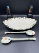 Crown Ducal porcelain dish and serving spoons along with a pair of bud vases