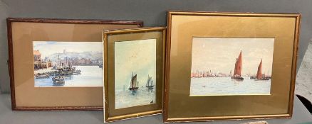 A Selection of three watercolours of Thames Barges and other sail boats in harbour one signed G.J.