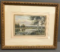 Landscape watercolour of grazing cattle along the banks of a river signed lower left G.Lewis