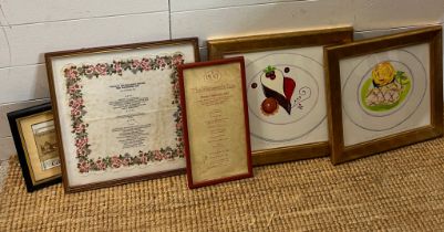 Two framed celebration menu Waterside Inn, along with two framed and signed art work of dishes