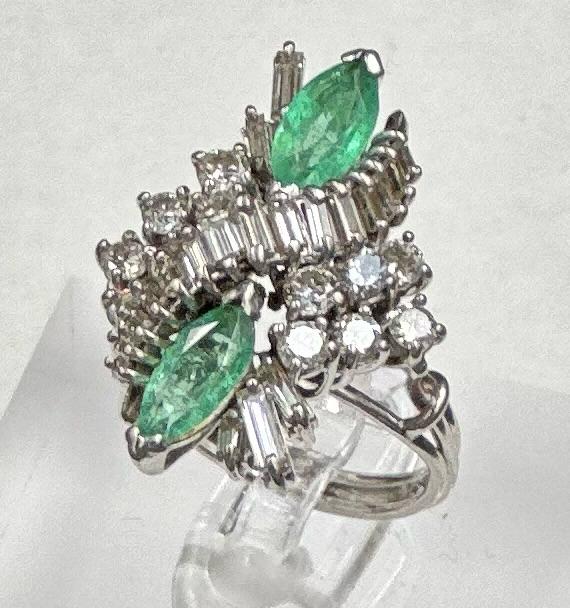 An emerald and diamond ring, designed a s a vertically set elongated cluster with two marquise cut - Image 10 of 11