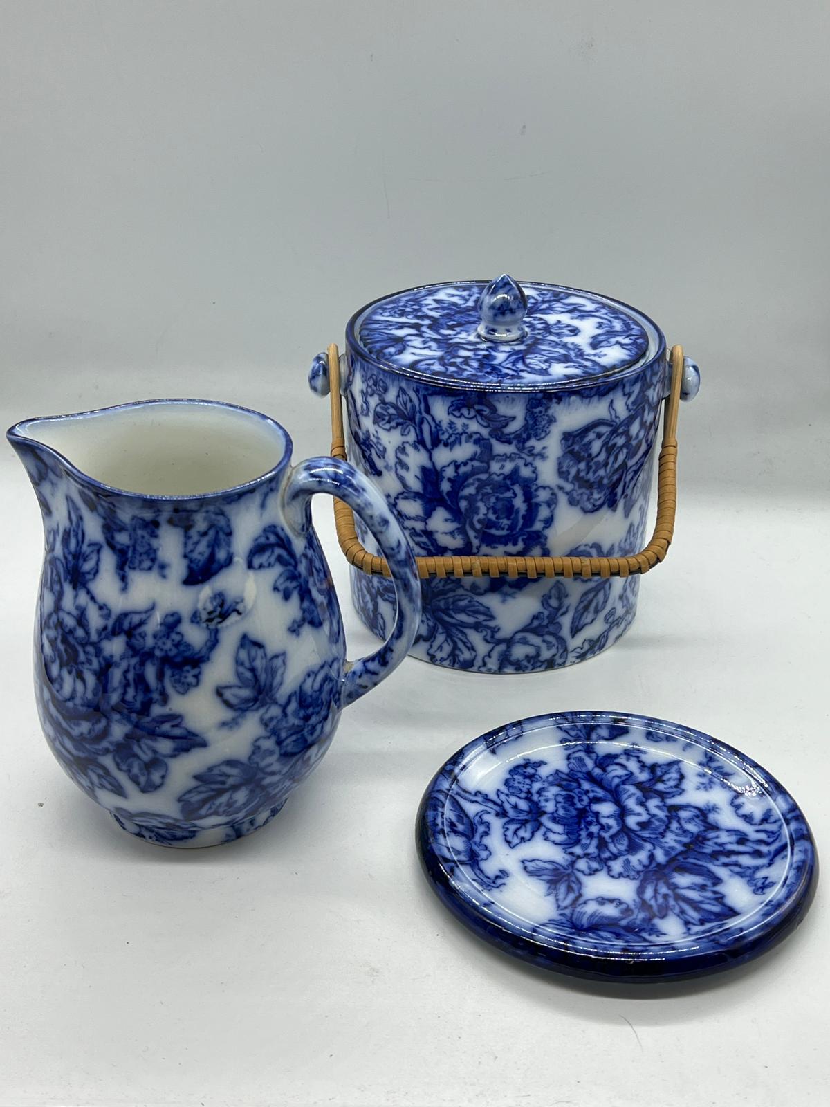 Blue and white porcelain jug, barrel jar and stand