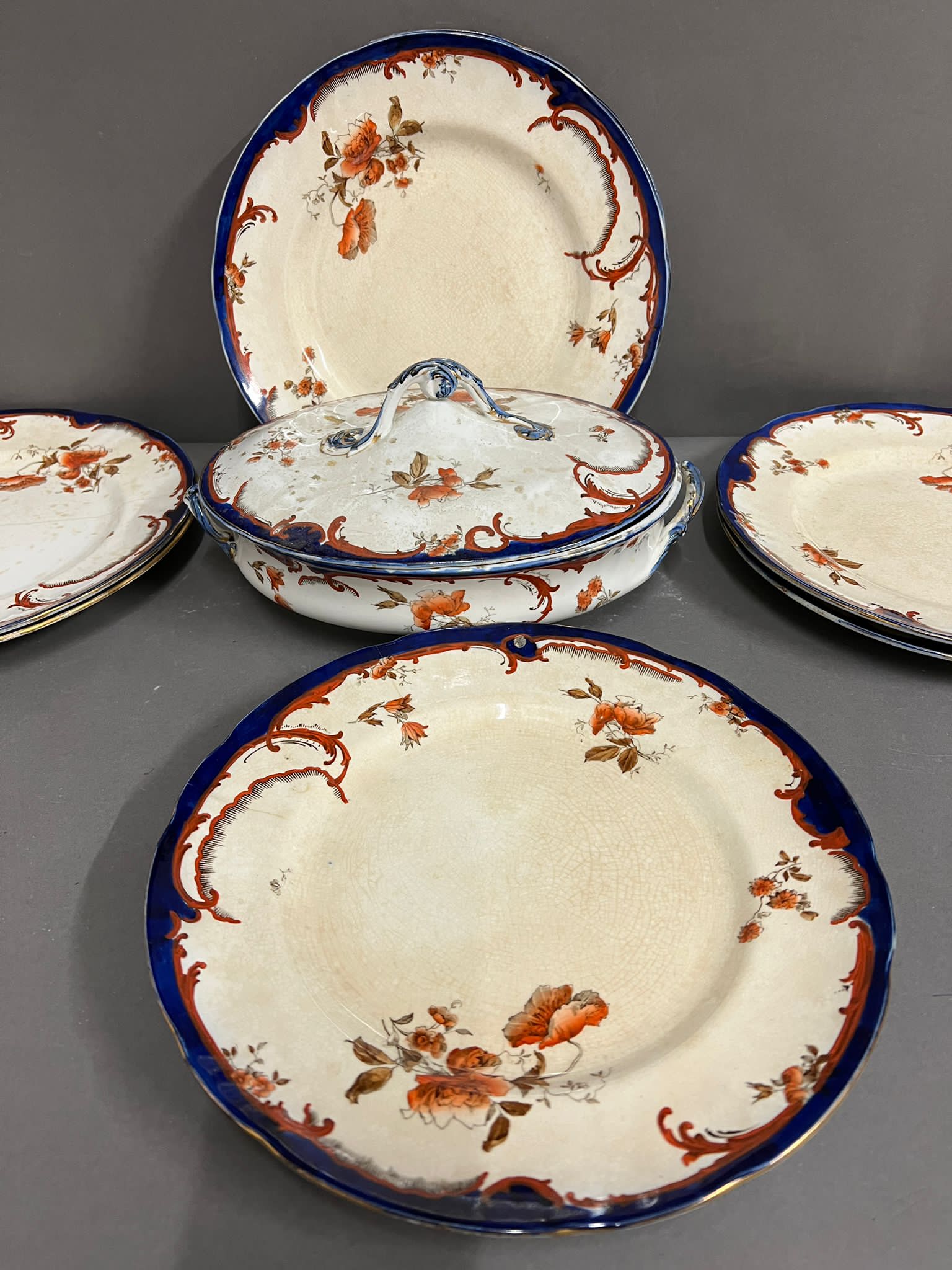 Eight Doulton Rococo dinner plates and one lidded serving dish Condition Report crazing, stains, - Image 2 of 3