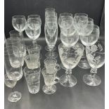 A selection of etched glass, various styles of glass.